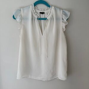 Ann Taylor Factory White Ruffle Neck Flutter Sleeve Blouse Top Medium RN77379
